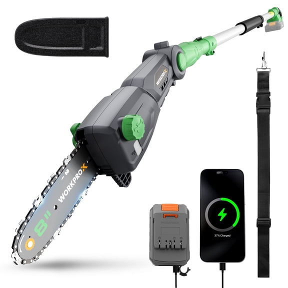 WORKPROX 20V Battery Powered 8 in Electric Cordless Pole Saw, 4000mAh Power Bank with Quick Charge 3.0, 15 ft Max Reach Pole Saw for Tree Trimming