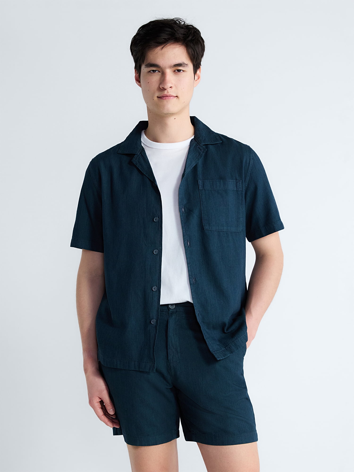 Free Assembly Men's Cotton Workwear Camp Shirt with Short Sleeves, Sizes S-3XL