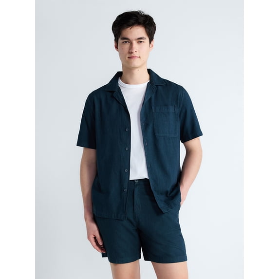 Free Assembly Men's Cotton Workwear Camp Shirt with Short Sleeves, Sizes S-3XL