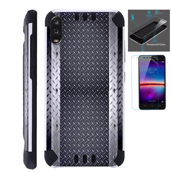 WORLD ACC Combat Guard Phone Case Compatible with TCL A2X + Screen Protector Brushed Metal Texture Hybrid Cover (Multi Black Crosshatch)