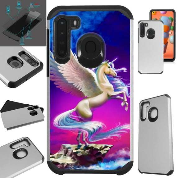 WORLD ACC Fusion Phone Case Compatible with Samsung Galaxy A21 + TEMPERED GLASS Hybrid TPU Phone Cover (Majestic Unicorn)