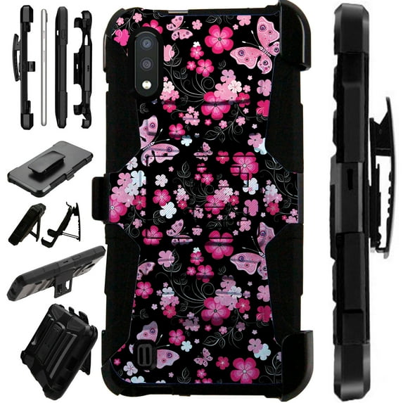 WORLD ACC LuxGuard Holster Case Compatible with Samsung Galaxy A01 Hybrid Phone Cover (Pink Butterfly)
