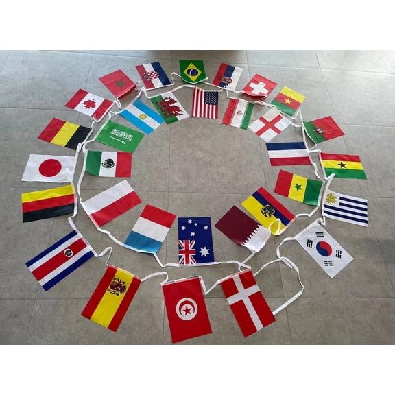 WORLD CUP 2022 SOCCER STRING FLAG BUNTING-30' Long String Flag Bunting; Contains One 6"x9" Flag for Each World Cup Team; Popular For School Classroom, Bars, Restaurants, World Cup Theme Parties