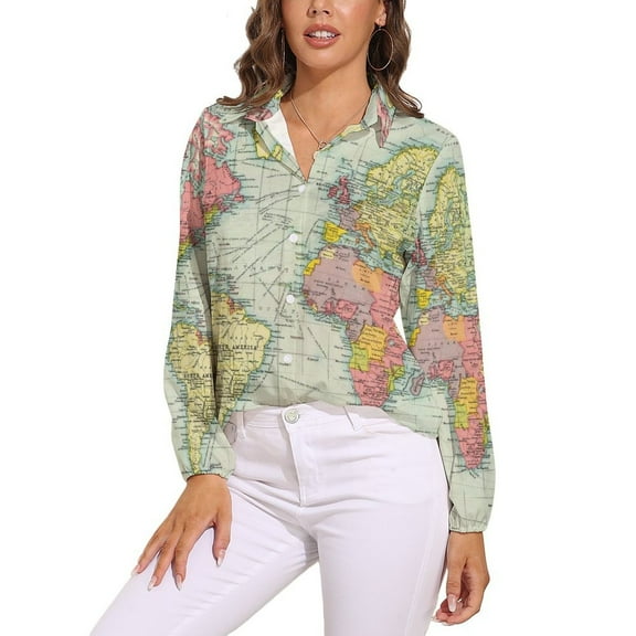 WORLD MAP Print Long Sleeve Blouse Woman Streetwear Casual Shirts Summer Oversize Woman Streetwear Clothing Birthday Present