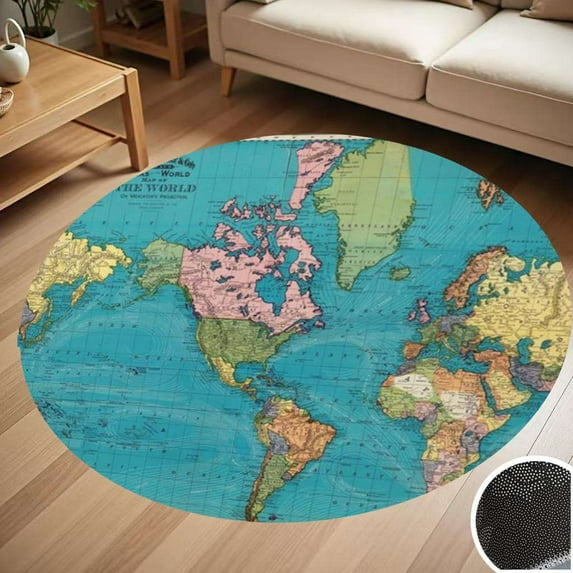 WORLD MAP Print, World Chart Round Carpet Living Room Bedroom Home ...