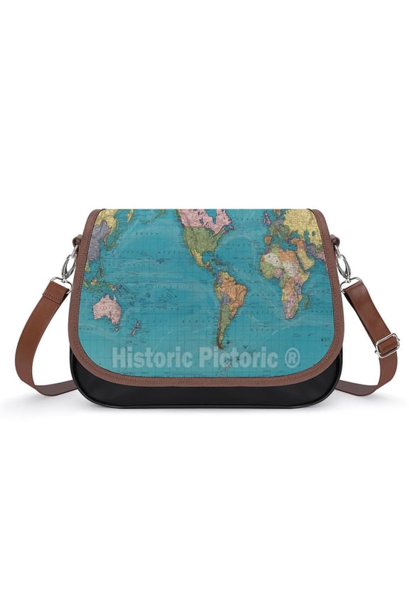 WORLD MAP Print, World Chart Vintage Crossbody Bag for Women Medium Leather Hobo Bags Shoulder Bag Classic City Leather Satchels