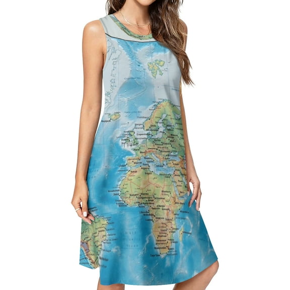 WORLD MAP Spring Summer Dresses for Women Fashion T-shirt Dress Casual Sleeveless Loose Sundress with Pockets