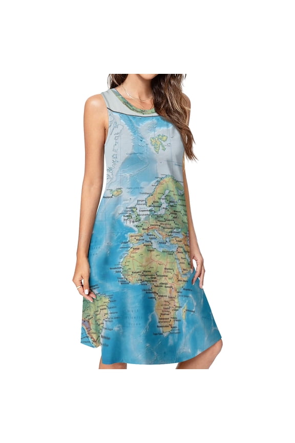 WORLD MAP Spring Summer Dresses for Women Fashion T-shirt Dress Casual Sleeveless Loose Sundress with Pockets