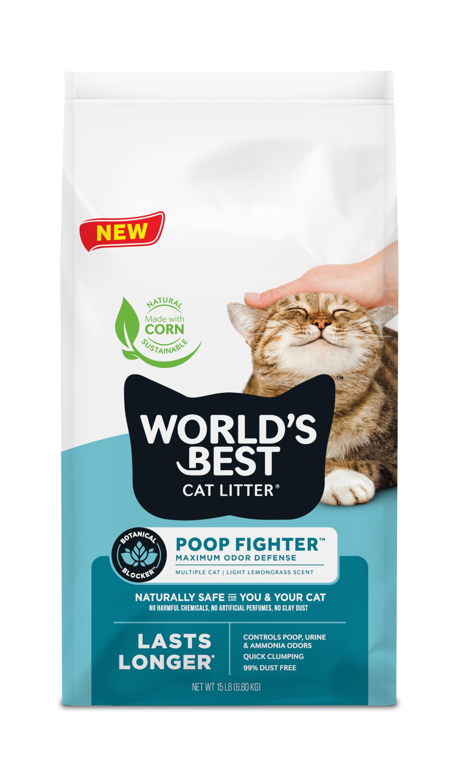 WORLD'S BEST CAT LITTER Poop Fighter ATT1Maximum Odor Defense, 15-Pounds - Natural Ingredients, Quick Clumping, Flushable, 99% Dust Free & Made in USA - Long-Lasting Odor Control & Easy Scooping
