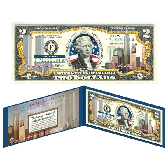 WORLD TRADE CENTER 9/11 * 10th Anniversary * Colorized $2 US Bill FREEDOM TOWER