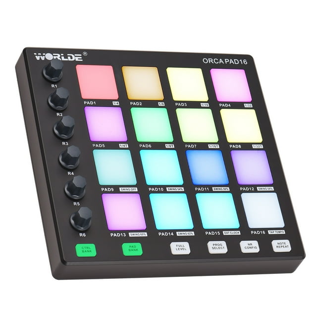 WORLDE MIDI Pad Beat Maker, USB MIDI Keyboard Controller With 16 Drum Pads for Beginner, 6 Assignable Knobs, Note Repeat and Full Level Buttons for Beginner Music Making