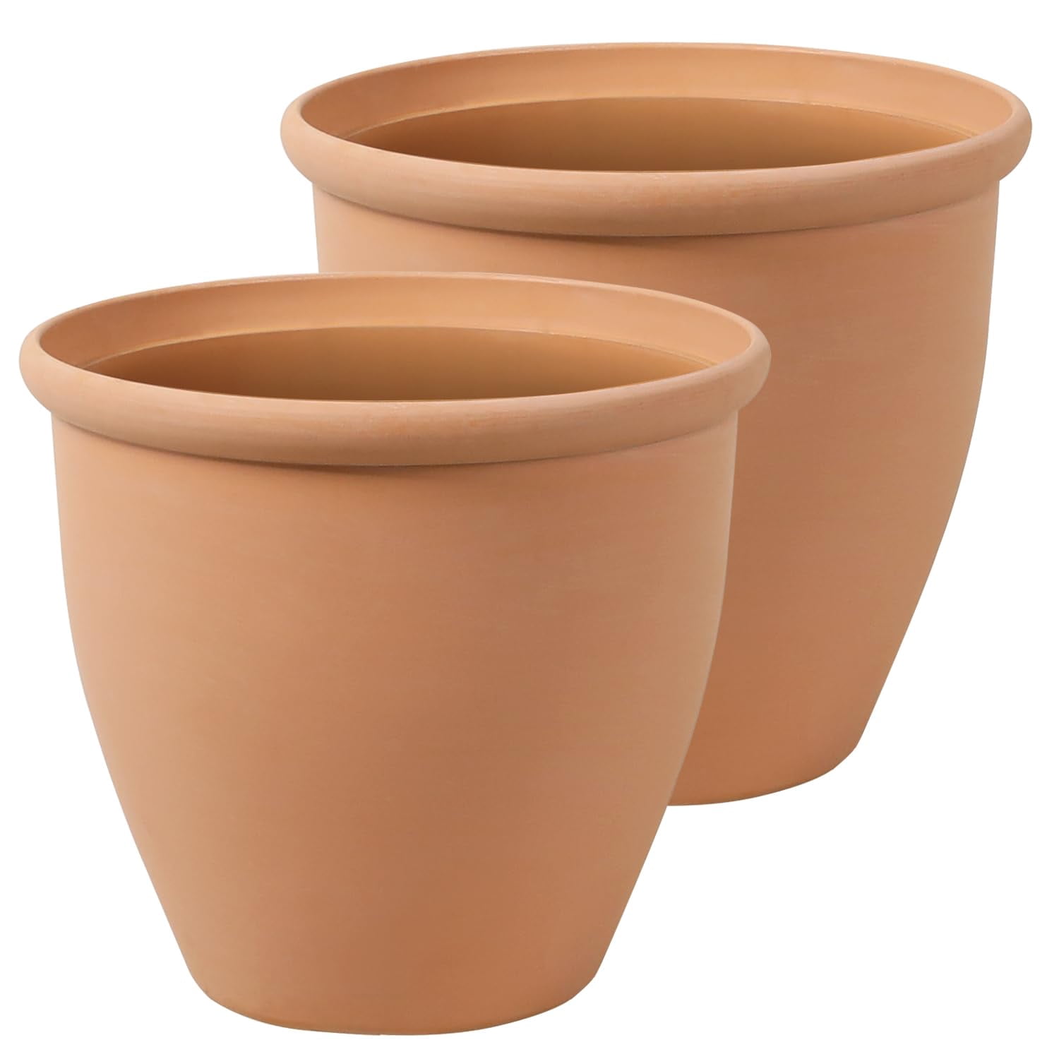WORTH 2-Pack 15" Planter - Large Round Terracotta Color Plant Pots - Lightweight Plastic Flower Pot for Indoor Outdoor Use - Decorative Containers for Front Porch Home Yard Deck Patio