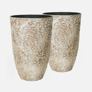 WORTH 21 inch Planters for Indoor Plants,Beige Planters Outdoor Set of 2, Plastic Round Planter, Imitation Stone Finish Modern Planter Large Plant Pot Tree Pot