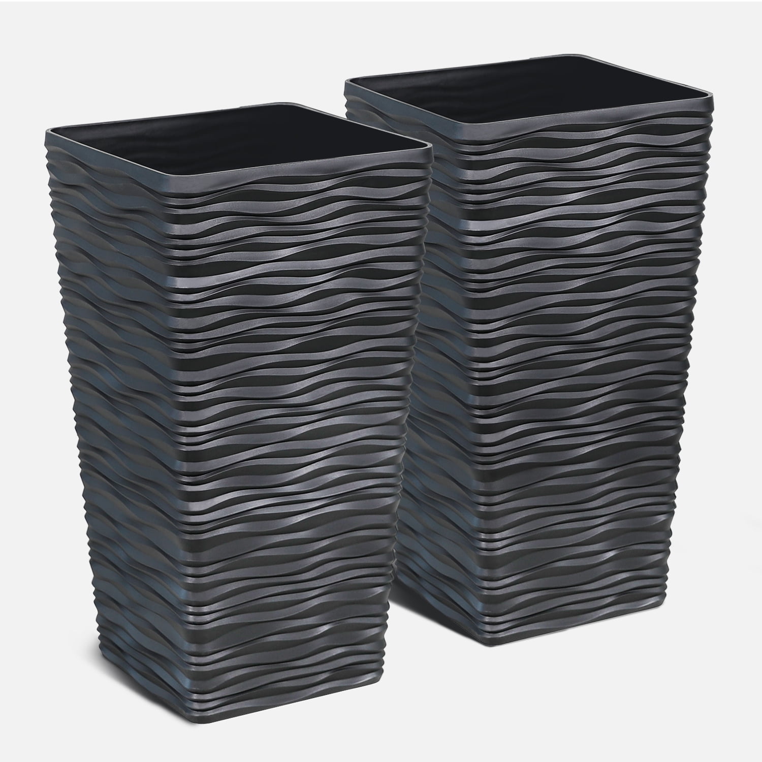 Black Matte Wavy Tall Plastic Indoor/Outdoor Planter Set