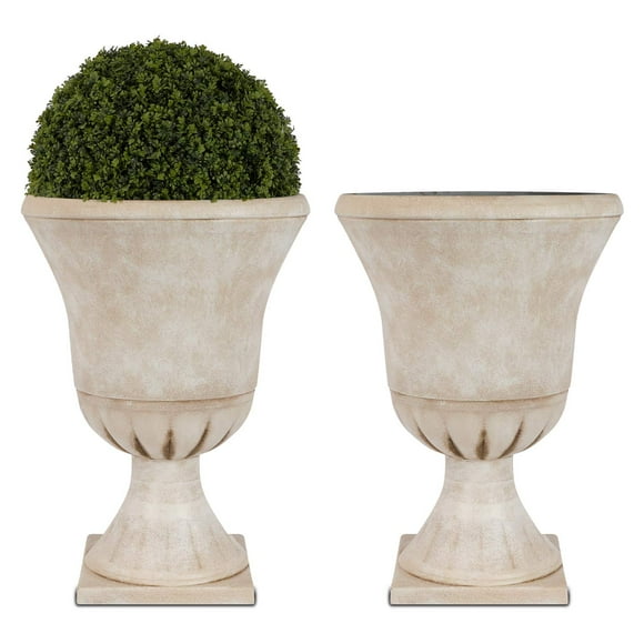 WORTH 22 inch Urn Planter,White Front Door Planters Outdoor Set of 2, Plastic Round Planter, Classic Pedestal Decorative Plant Pots Large Plant Pot Tree Pot