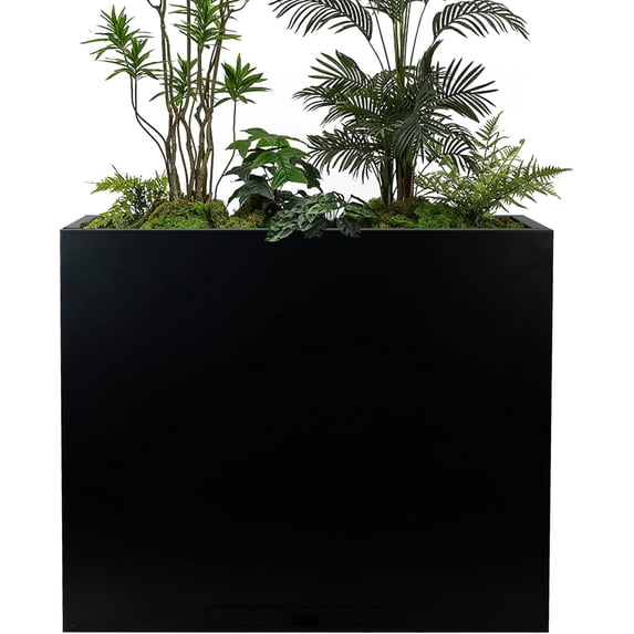 WORTH 32" H Metal Steel Rectangular Planter Box Planters for Indoor Outdoor, Tall Heavy Duty Modern Flower Plant Pot with Water Collecting Tray, Black, Commercial Residential