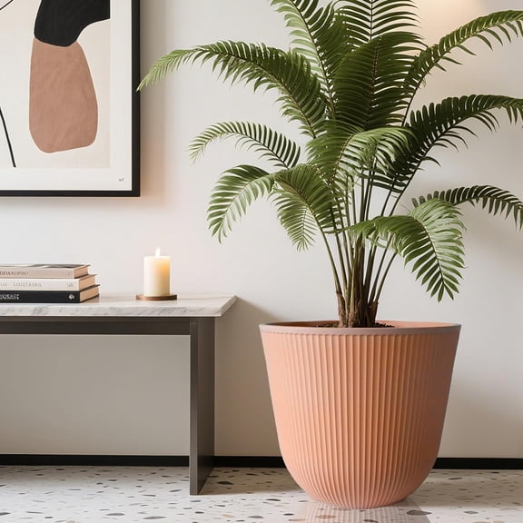 WORTH Garden Round Large Planter Pot 1-Pack, 17.5" Dia x 15.5" H -  Plastic Terracotta Plant Tree Pots with Vertical Stripe Textured Finish, Drainage Hole for Indoor Outdoor Front Porch