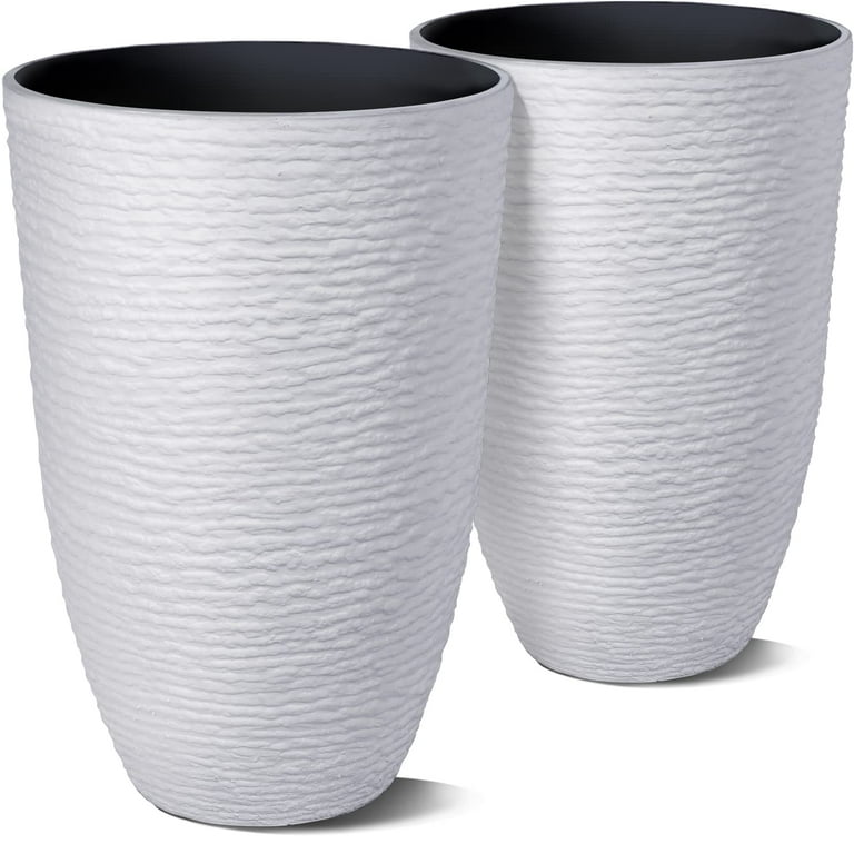 WORTH Tall Round Planters Set of 2, 14 Dia x 21 H Tree Pots for Outdoor  Plants, Large Raised Imitation Stone Finish Flower Pots Indoor Decorative  Container Garden Patio Wall Unbreakable, White 