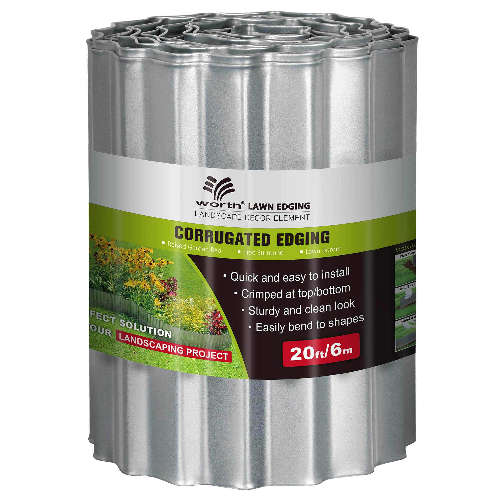 Wide Corrugated Silver Galvanized Steel Landscape Lawn Edging - 10" x 20'