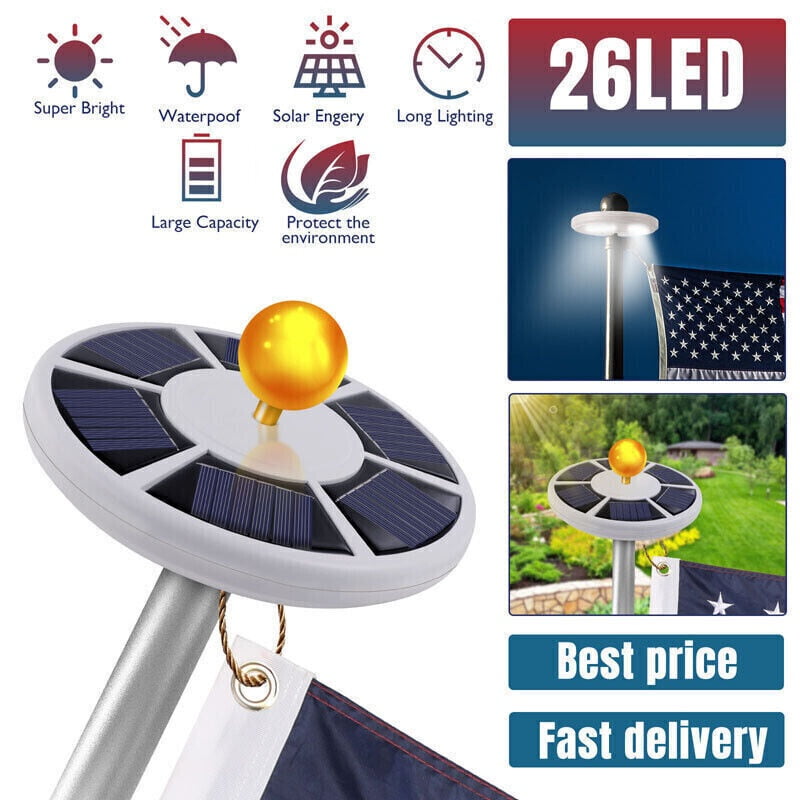 WORTHOWN 26 LED Solar Power Flag Pole Lights, Upgraded Version Weatherproof Flagpole Downlight for Most 15 to 25 Ft Auto On/Off Night Lighting- Eco-Friendly and Energy-Saving