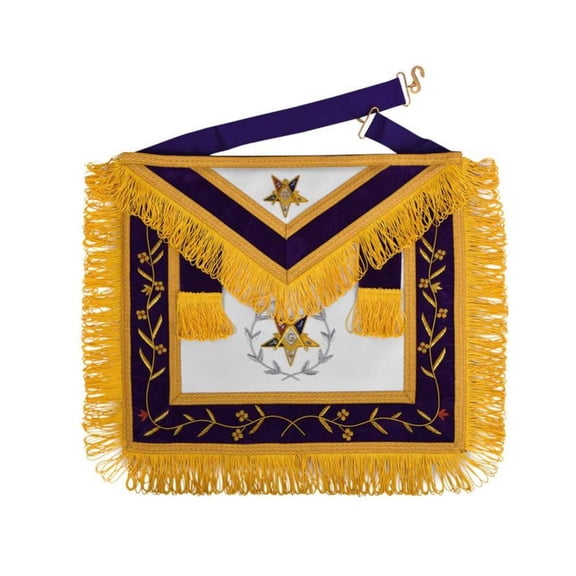WORTHY PATRON OES APRON - PURPLE VELVET WITH SQUARE & COMPASS G EMBLEM AND SILVER WREATH