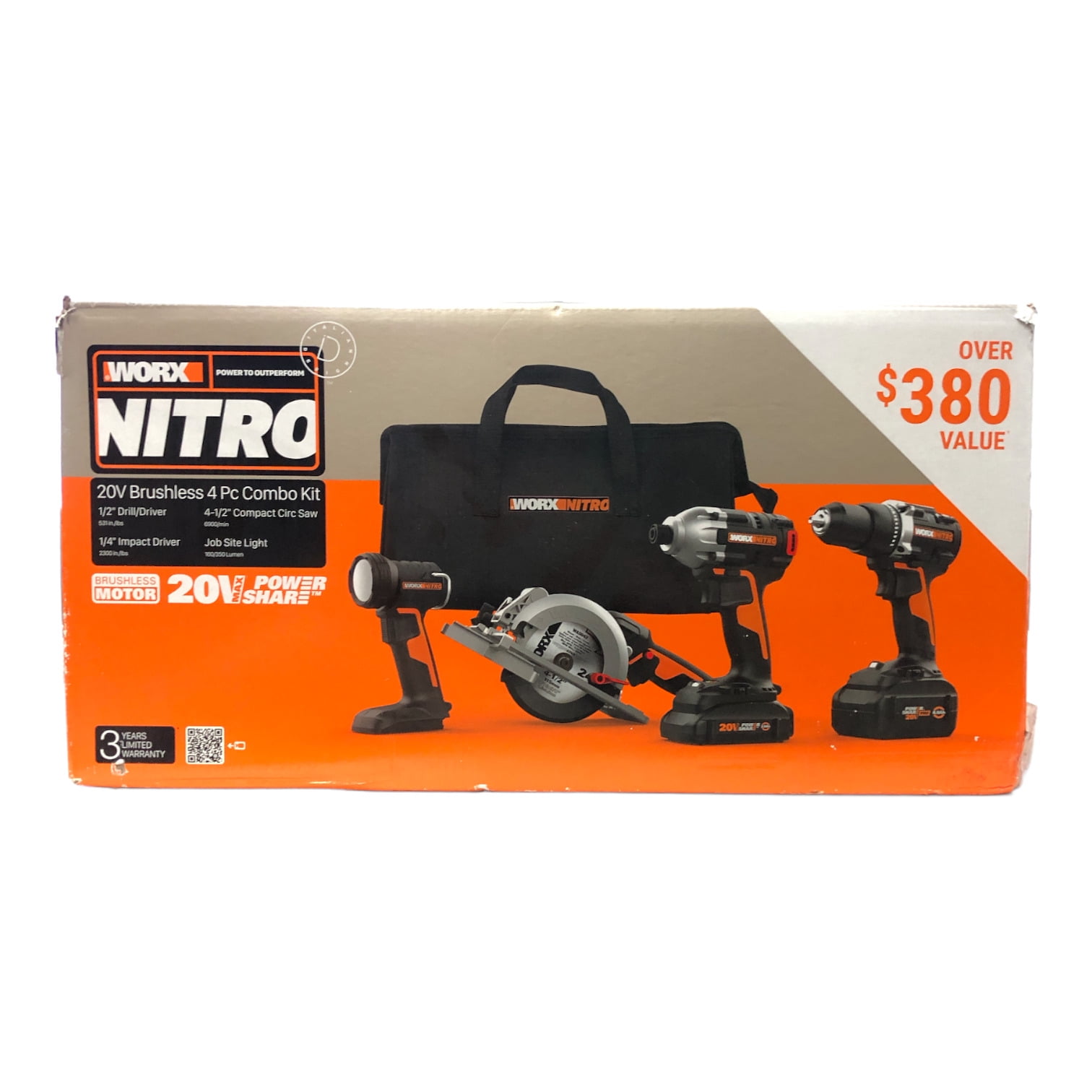 WORX NITRO 20V Brushless 4-Tool Combo Kit (Impact, Drill, Circ Saw, Light) 