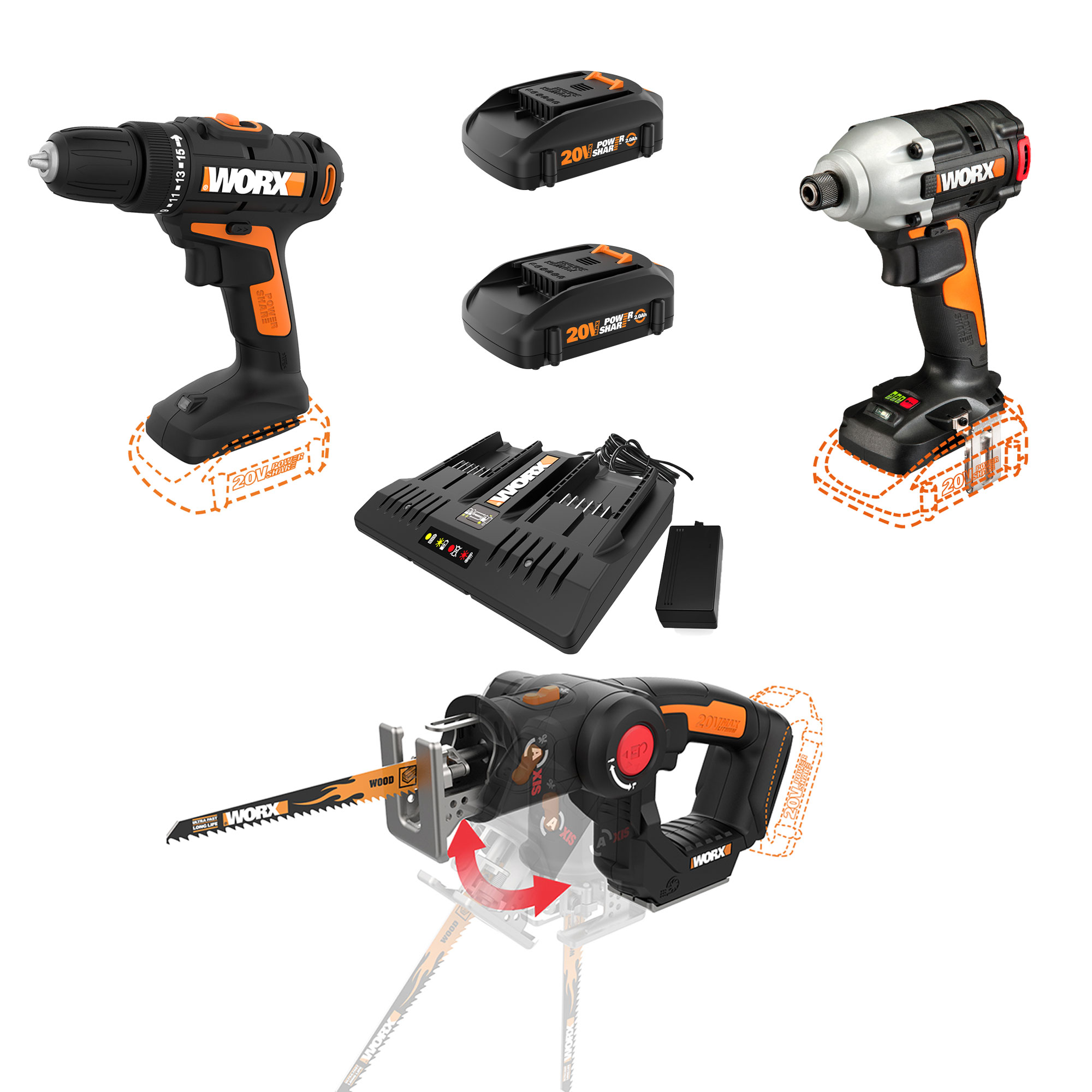 WORX WX911L 20 Volt Combo Kit with Power Drill, Impact Driver, AXIS Saw, and Batteries - image 1 of 10