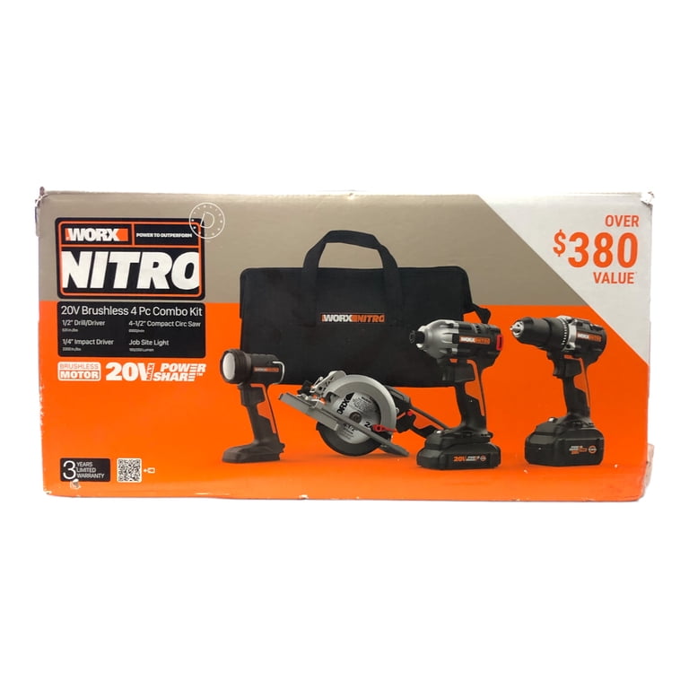 WORX NITRO WX918L 20V Brushless 4-Tool Combo Kit with Power Drill