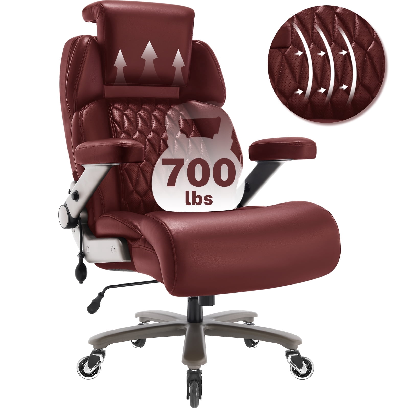WOSDOM 700lbs Big and Tall Office Chair, Heavy Duty Executive Chair, Extra Wide Seat, Adjustable Headrest and Lumbar Support, 3D Flip up Arms, Burgundy