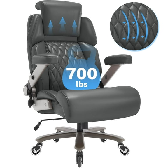 WOSDOM 700lbs Big and Tall Office Chair, Heavy Duty Executive Chair, Extra Wide Seat, Adjustable Headrest and Lumbar Support, 3D Flip up Arms, Grey