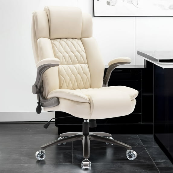 WOSDOM Beige Leather Office Chair - Flip Arms Adjustable Built-in Lumbar Support, Executive Computer Desk Chair Work Chairs with with Storage Bags, Strong Metal Base Quiet Wheels, 350 lb