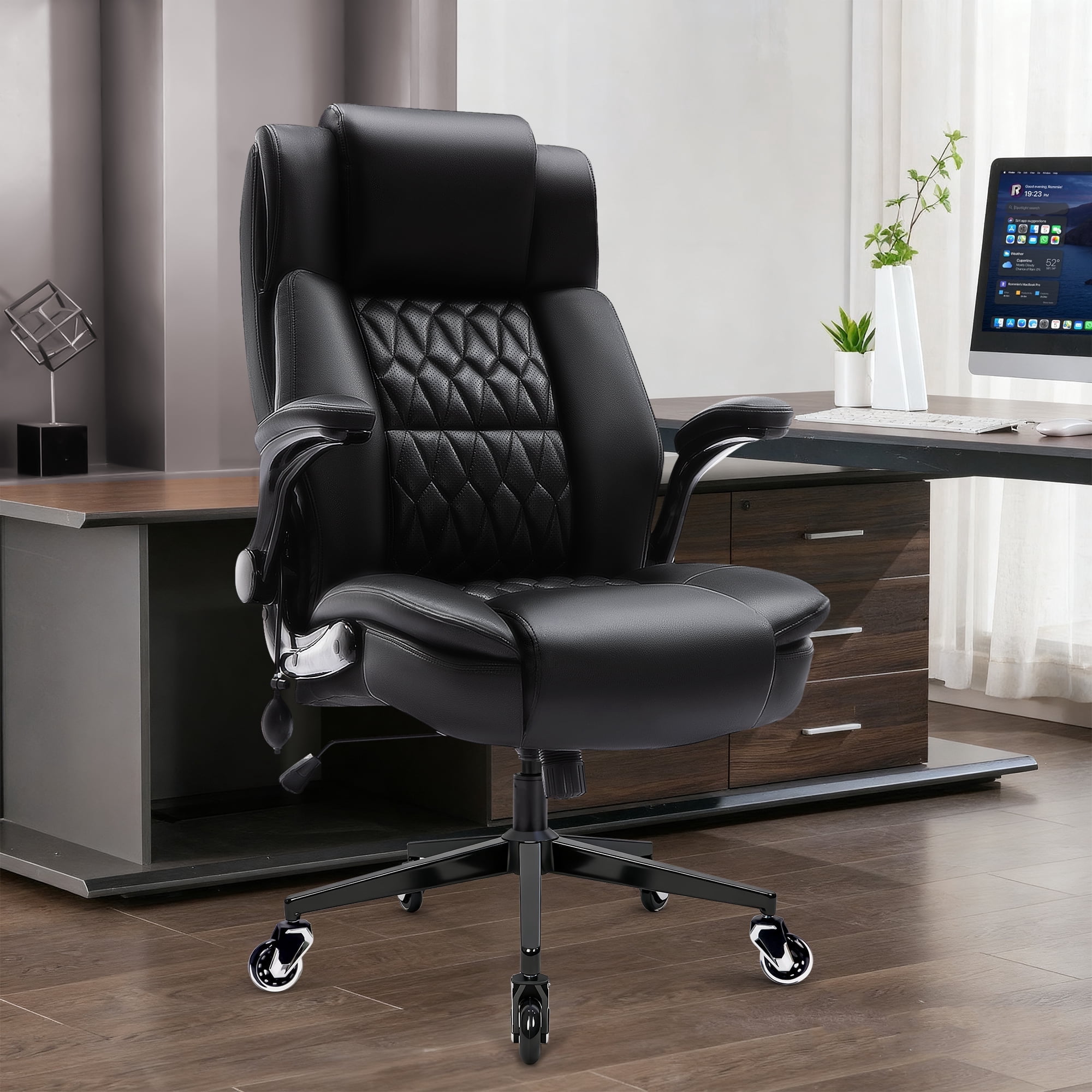 WOSDOM Black Leather Office Chair - Flip Arms Adjustable Built-in Lumbar Support, Executive Computer Desk Chair Work Chairs with with Storage Bags, Strong Metal Base Quiet Wheels, 350 lb
