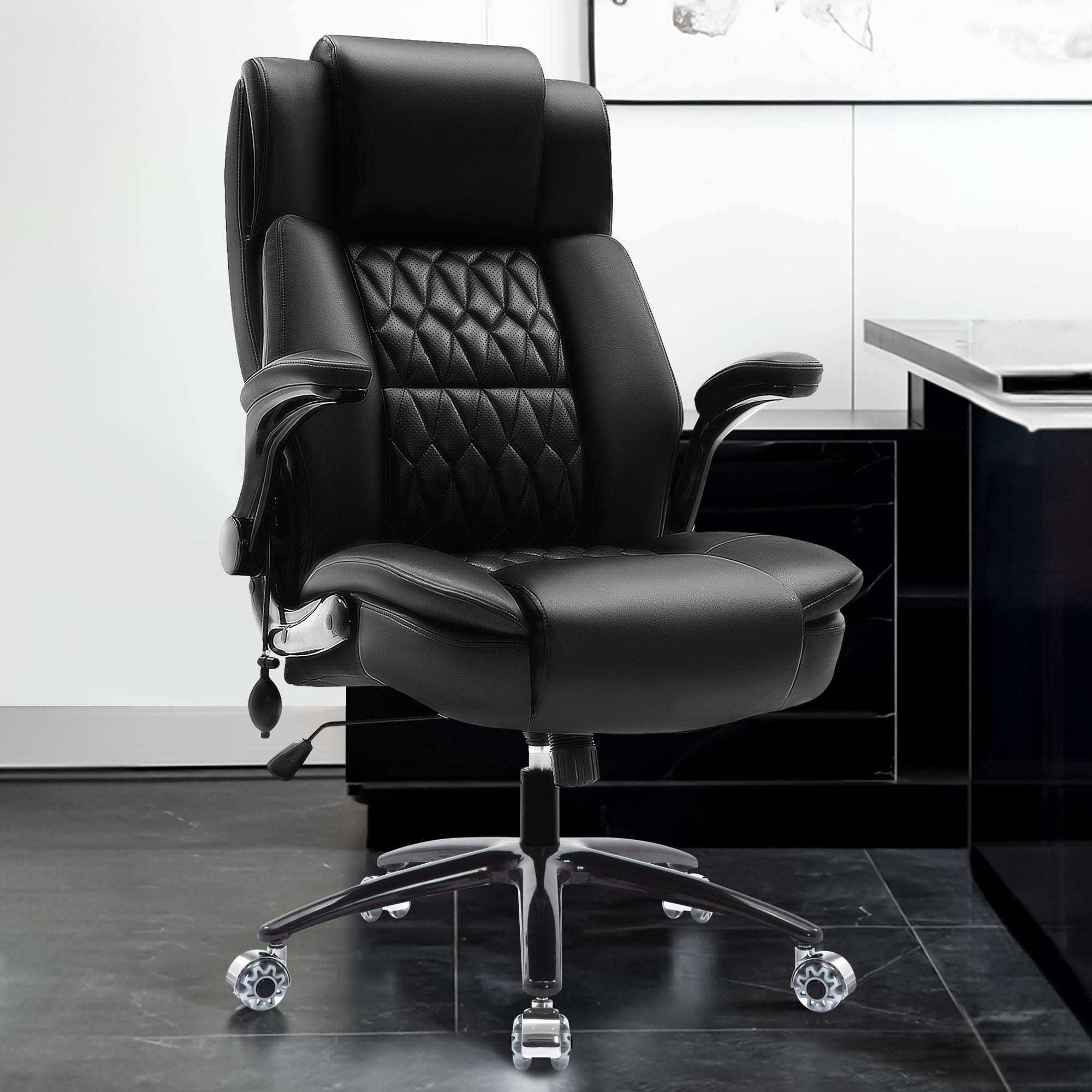 WOSDOM Brown Leather Office Chair Flip Arms Adjustable Built in Lumbar Support Executive Computer Desk Chair Work Chairs with with Storage Bags
