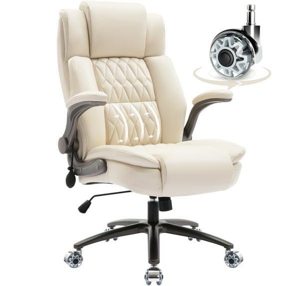 WOSDOM Big and Tall Office Chair, Beige Leather Office Chair with Flip Up Armrests, Adjustable Lumbar Support, Storage Bags,Home Office Computer Chair for Adults,350LBS