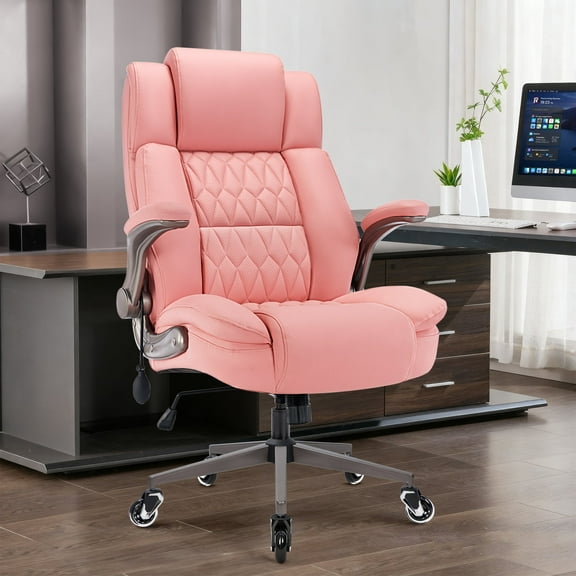 WOSDOM Pink Leather Office Chair - Flip Arms Adjustable Built-in Lumbar Support, Executive Computer Desk Chair Work Chairs with Storage Bags, Strong Metal Base Quiet Wheels, 350 lb