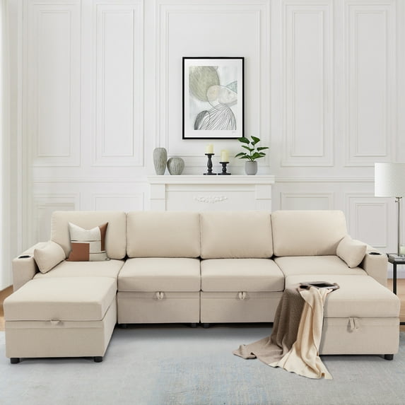 WOTSTA Polyester Built In Usb Port U Shaped Modular Sofa With Pillows and Ottomans, Beige
