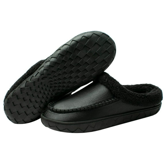 WOTTE Men's Slippers Fleece Fuzzy Lined Memory Foam Moccasin House Shoes for Indoor Outdoor, Black Size 6-7