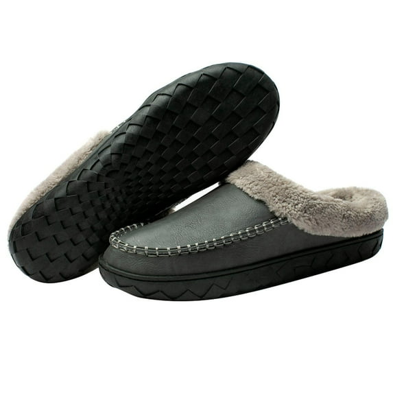WOTTE Men's Slippers Fleece Fuzzy Lined Memory Foam Moccasin House Shoes for Indoor Outdoor, Grey Size 11-12