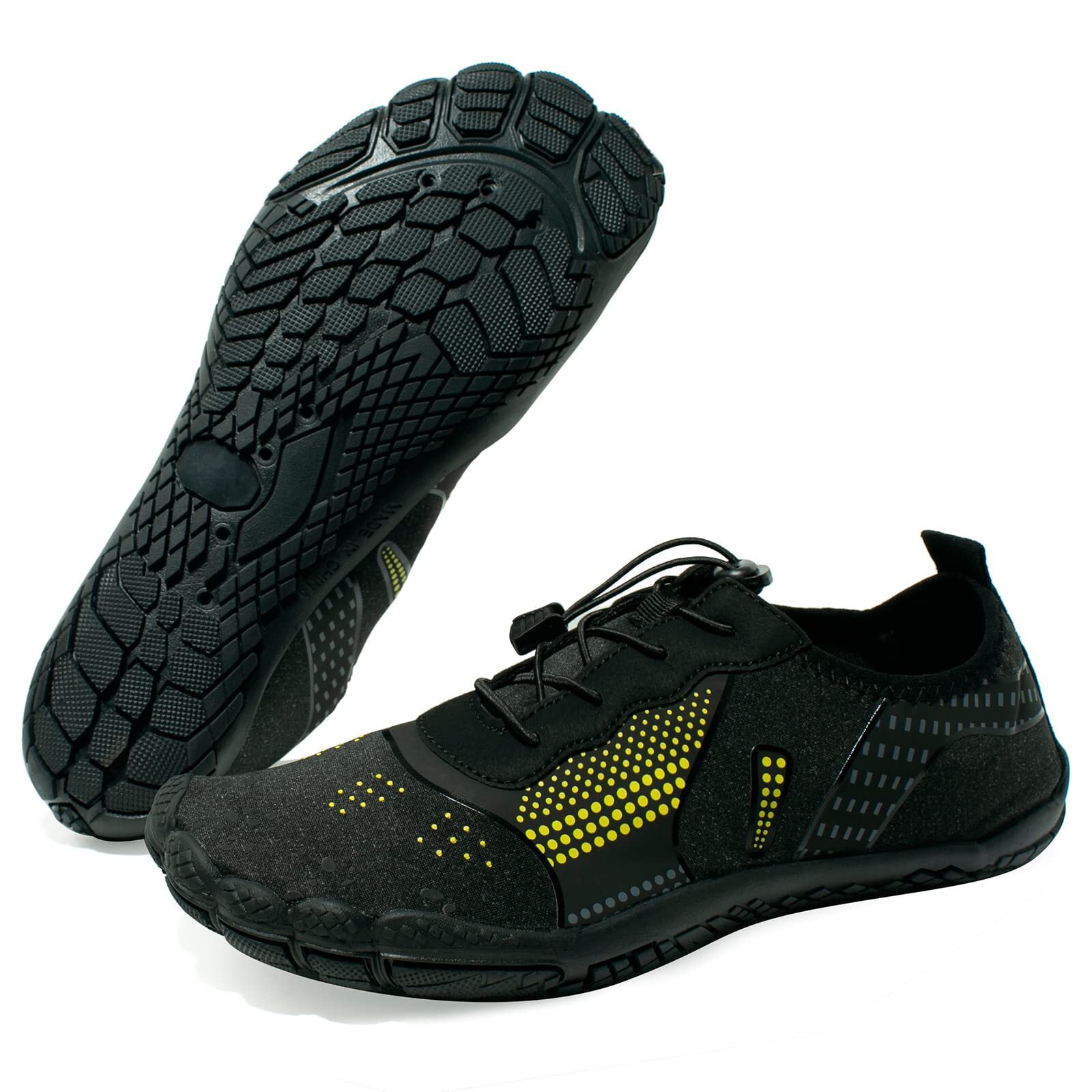 Men's Water Shoes Quick-Dry Barefoot Aqua Socks Slip-on Beach Wide Toe Shoes for Outdoor Sports Snorkeling Surfing Diving, Black Yellow Size 8.5