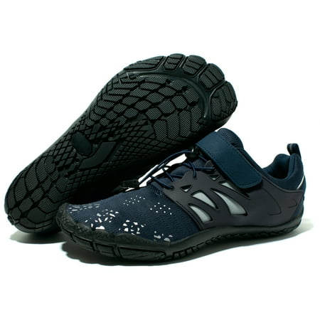 WOTTE Men's Water Shoes Quick-Dry Barefoot Aqua Socks Slip-on Beach Wide Toe Shoes, Dark Blue Size 8.5