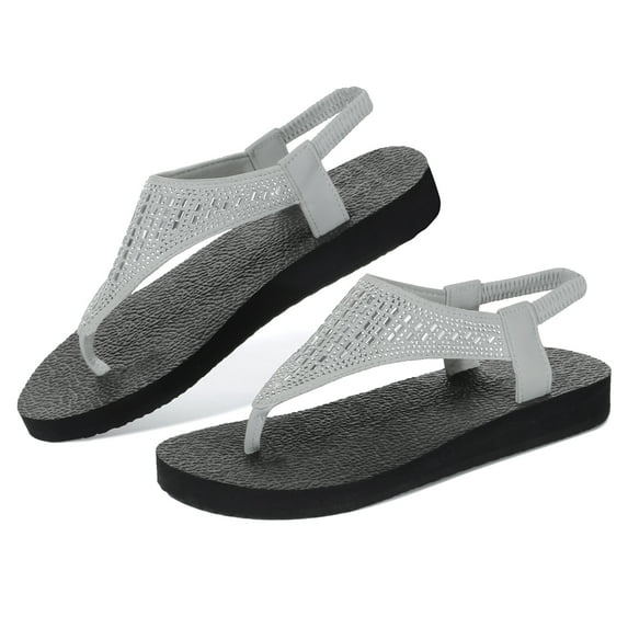 WOTTE Women Slingback Sandals Rhinestone Yoga Mat Flip Flops with Back Strap Comfort Summer Dress Beach Flats, Grey Size 6