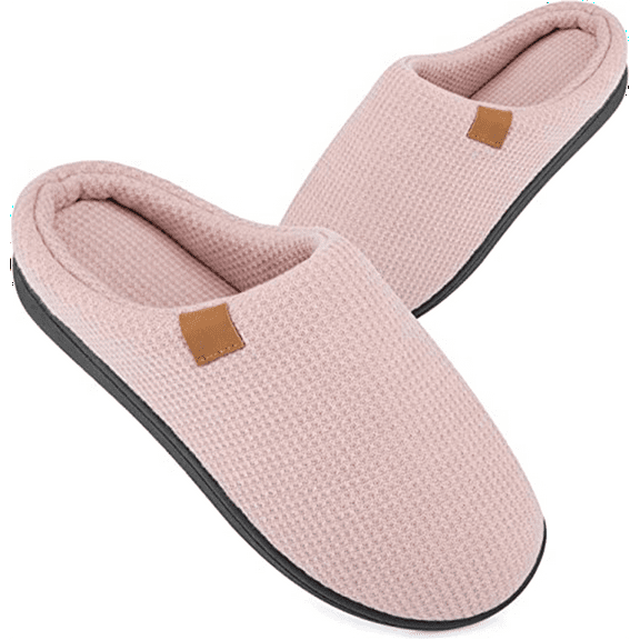 WOTTE Women's Slippers Memory Foam Sole Waffle Knitted Soft Plush Fleece Lined House Shoes Indoor Outdoor Pink, Size 12-13