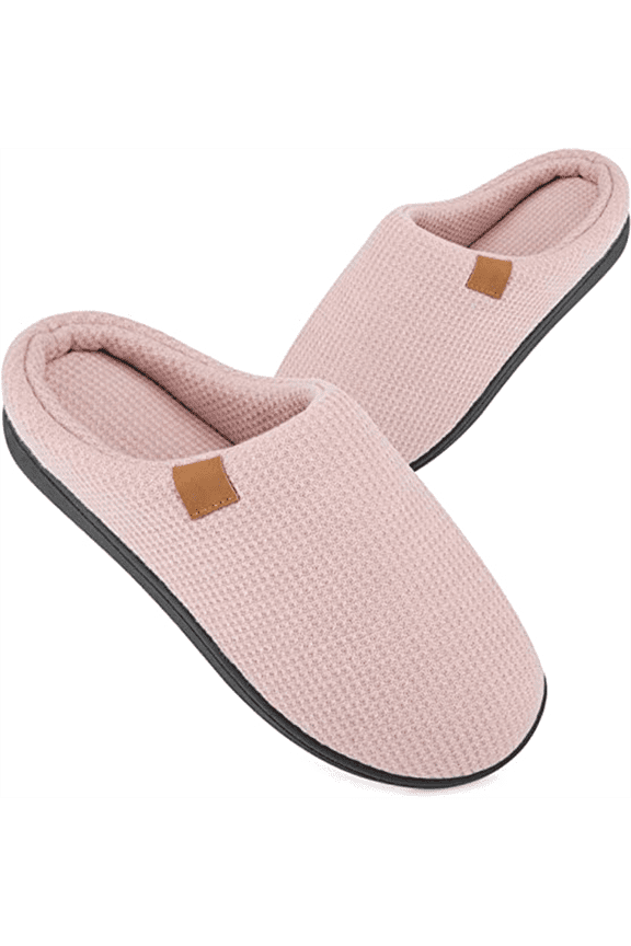 Women's Slippers Memory Foam Sole Waffle Knitted Soft Plush Fleece Lined House Shoes Indoor Outdoor Pink, Size 12-13