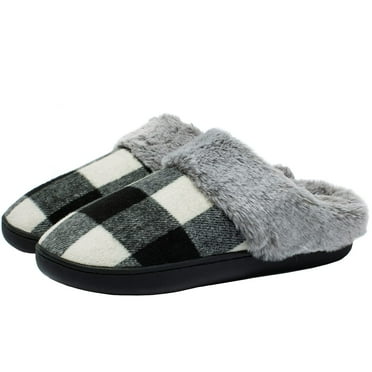 WOTTE Womens Cozy Fuzzy Plaid House Slippers with Memory Foam & Rubber Sole Slip on Indoor Outdoor