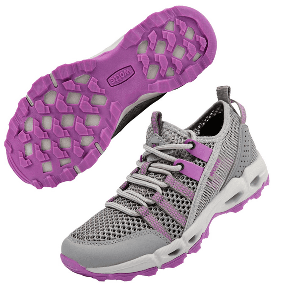 WOTTE Womens Quick Drying Water Hiking Shoes Barefoot Aqua Outdoor Sports Sneakers for Beach Swim Surf, Grey Purple 12