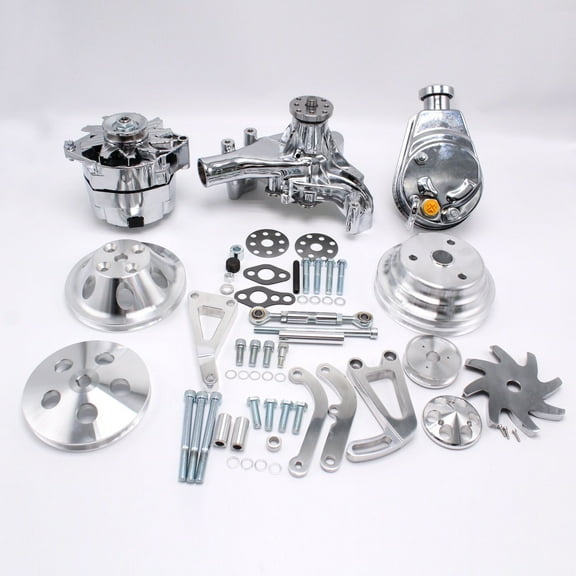 WOUDY Aluminum Pulley & Bracket Kit for SBC Chevy - Includes Alternator, Power Steering & Long Water Pump