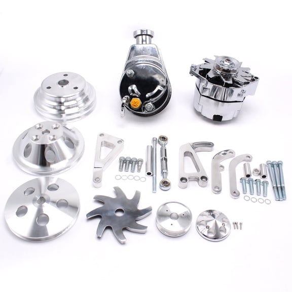 WOUDY Small Block Chevy Long Water Pump Pulley Kit w Alternator & Power Steering Pump