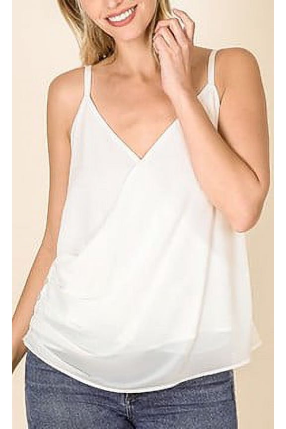 WOVEN DOUBLE LAYER CHIFFON SPAGHETTI STRAP TOP 3 COLORS (IVORY, L)
