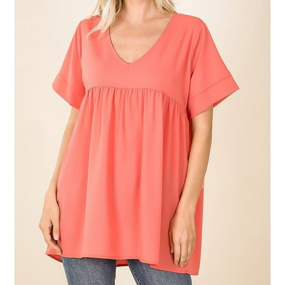 WOVEN HEAVY DOBBY EMPIRE WAIST TOP (DeepCoral, S)