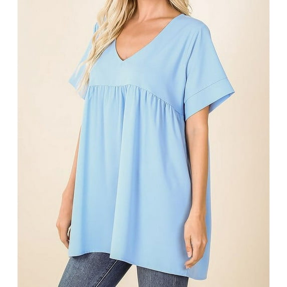WOVEN HEAVY DOBBY EMPIRE WAIST TOP (SpringBlue, XL)
